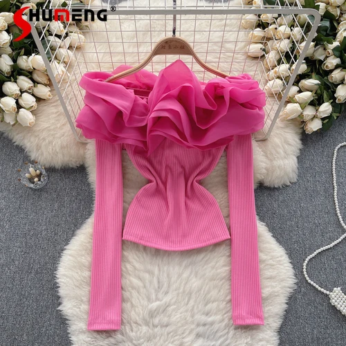 

2023 Fall Sexy Off-Shoulder Knitted Long-Sleeved T-shirt Women's Autumn Ruffled Slash Collar Tshirt Temperament Top Femme