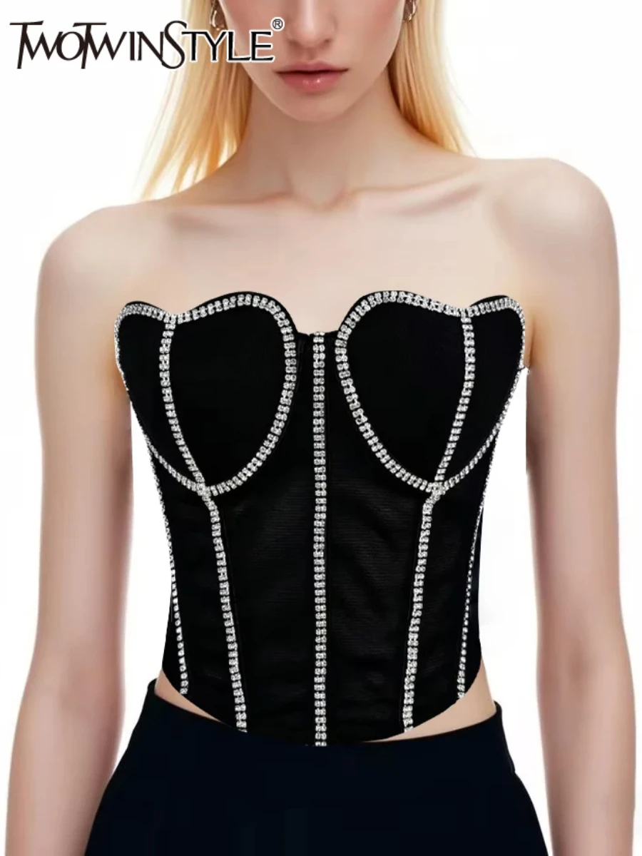 

TWOTWINSTYLE однотонный утягивающий уличный жилет для женщин без бретелек без рукавов в стиле пэчворк с бриллиантами модный топ женский минимализм новый
