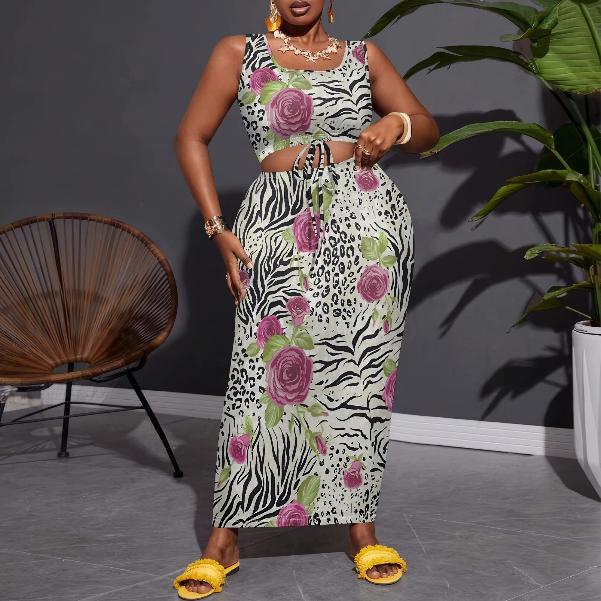 

Nupusa Rose & Zebra Print Two - Piece Set for Women Plus Size Summer Casual Sleeveless Crop Top & Maxi Skirt Outfit