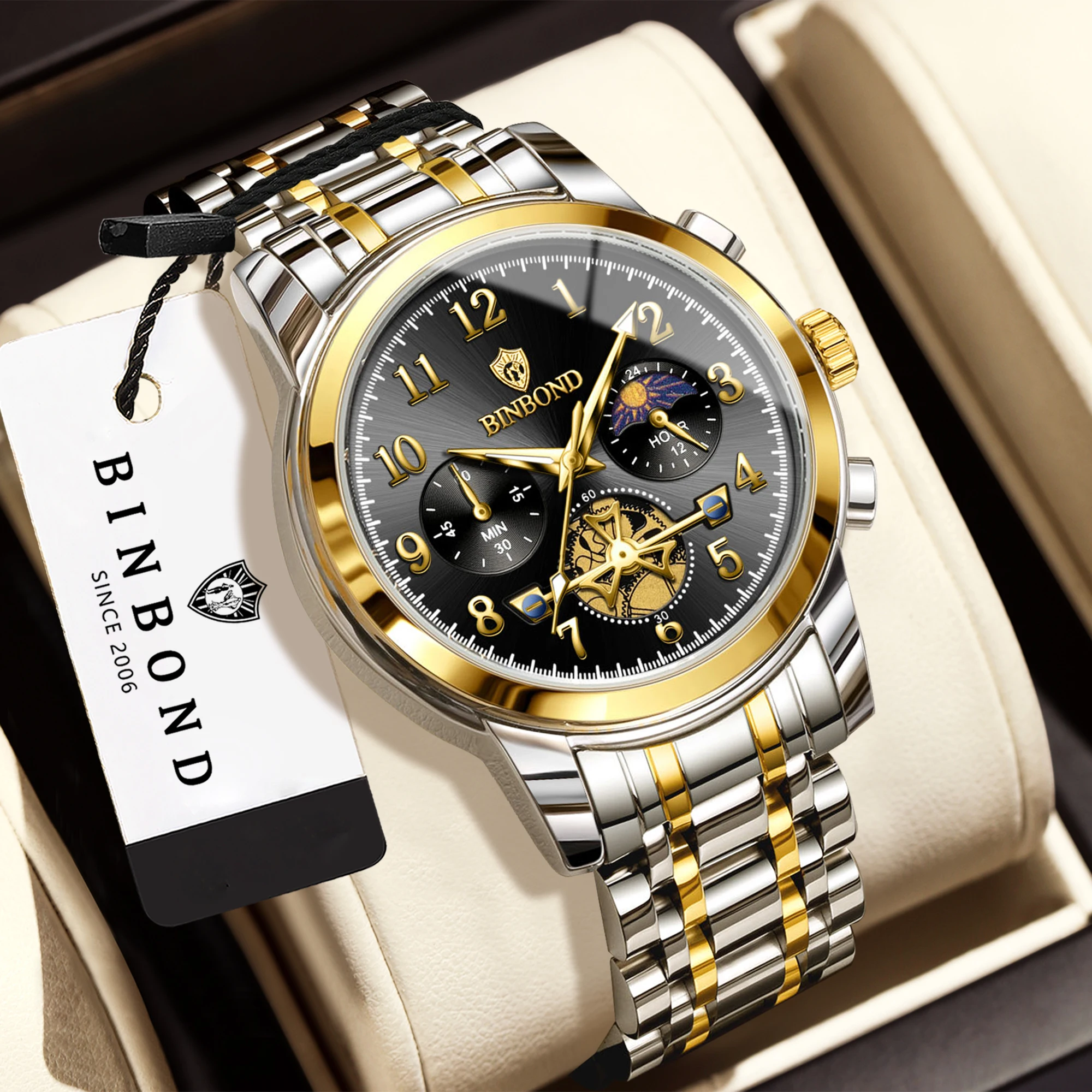 BINBOND Orginal Chronograph Relojes Luminous Waterproof Men's Watches Stainless Steel Quartz Watch For Men Luxury Reloj +Box
