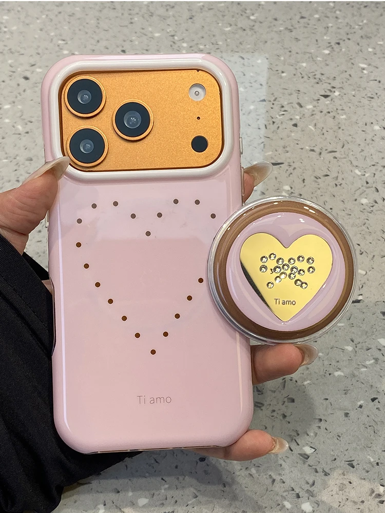 

Ins Fashion Love Heart Bracket Phone Case For iPhone 17 16 15 Pro Max Shockproof Glossy Magnetic Back Cover With Magsafe