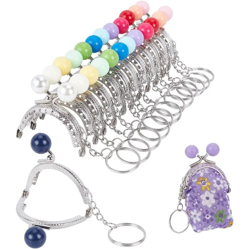 13pcs Purse Frame Bag Kiss Clasp 13 Color Lock Key Ring Coin Bag Metal Frame with Plasitc Beads Ball Purse Handle Set