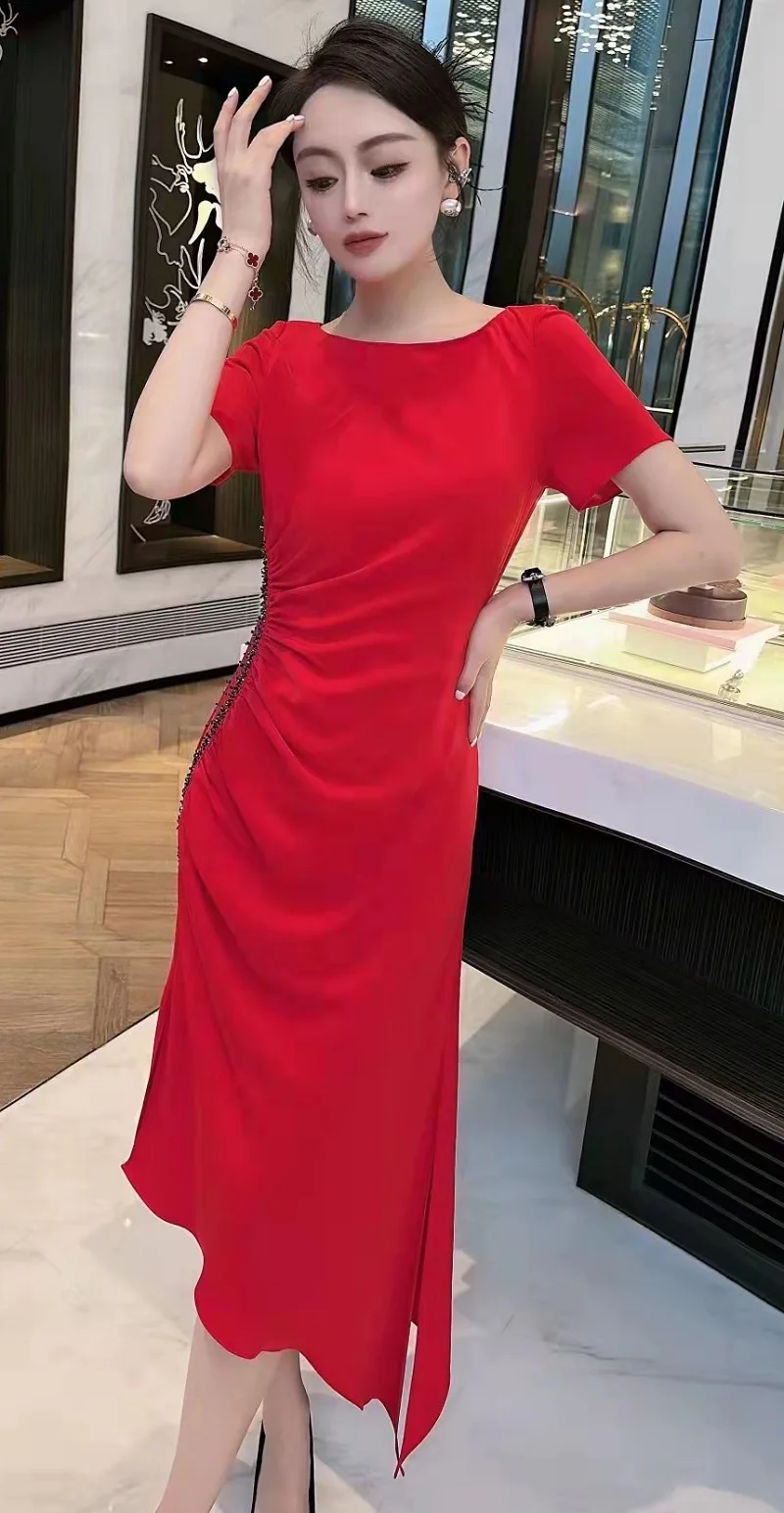 

Luxury Dress 2023 Summer Party Events Women Beading Waist Deco Short Sleeve Midi Bodycon Sexy Asymmetrical Black Red Dress 3XL