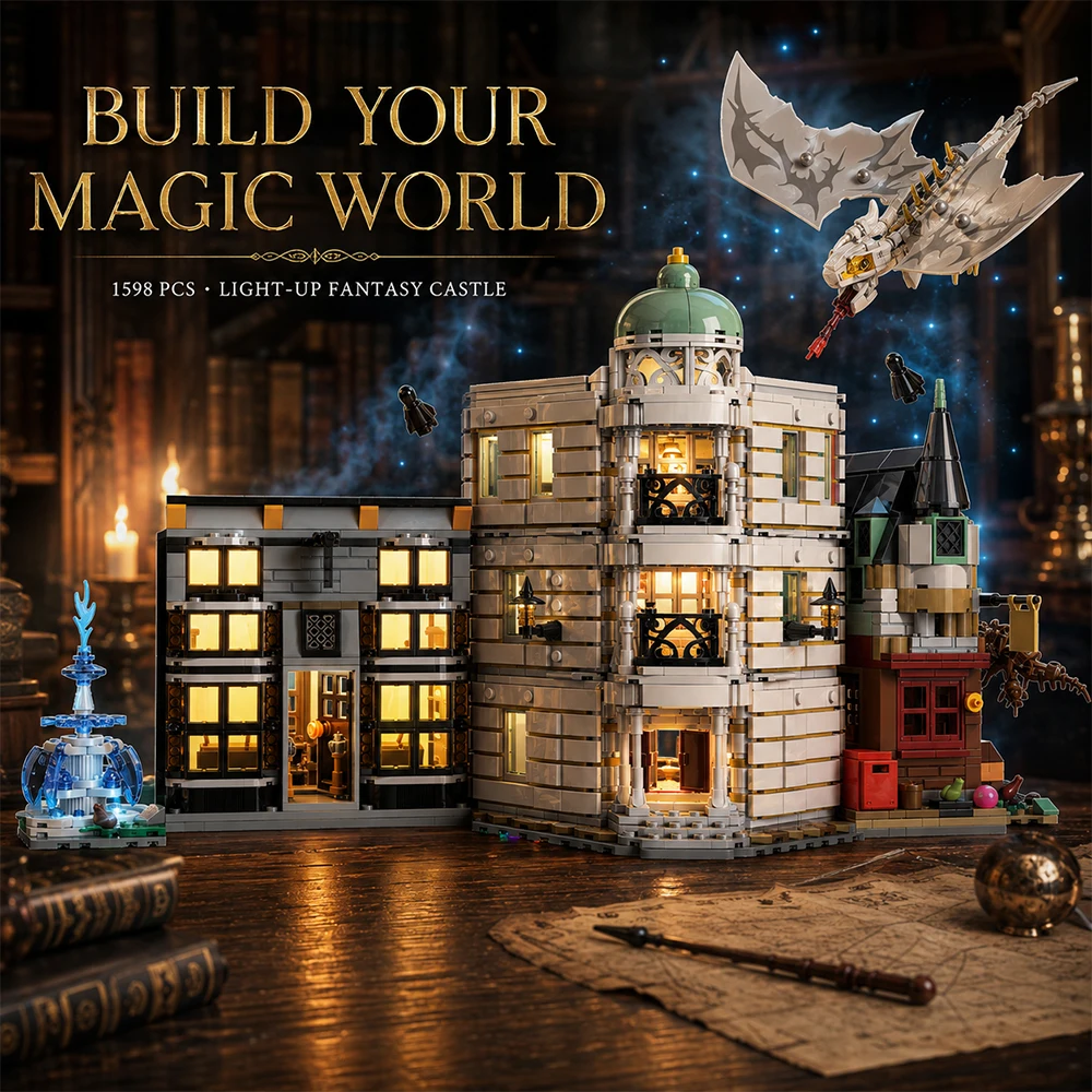 Magic Academy Street View Building Blocks Set 1598PCS, Item No.33011, Premium Small ABS Bricks, Light-up House Model with Dragon Ornament, Multi-layer Scene Architecture, DIY Assembly Streetscape, Desktop Display, Perfect Holiday & Birthday Gift for Adult