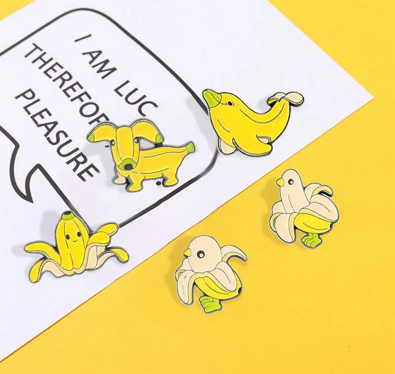 Animal Banana Enamel Pins Cartoon Animal Chick Dolphin Dog Octopus Brooches Badge Jeans Lapel Pin Jewelry Gift for Friends Kids