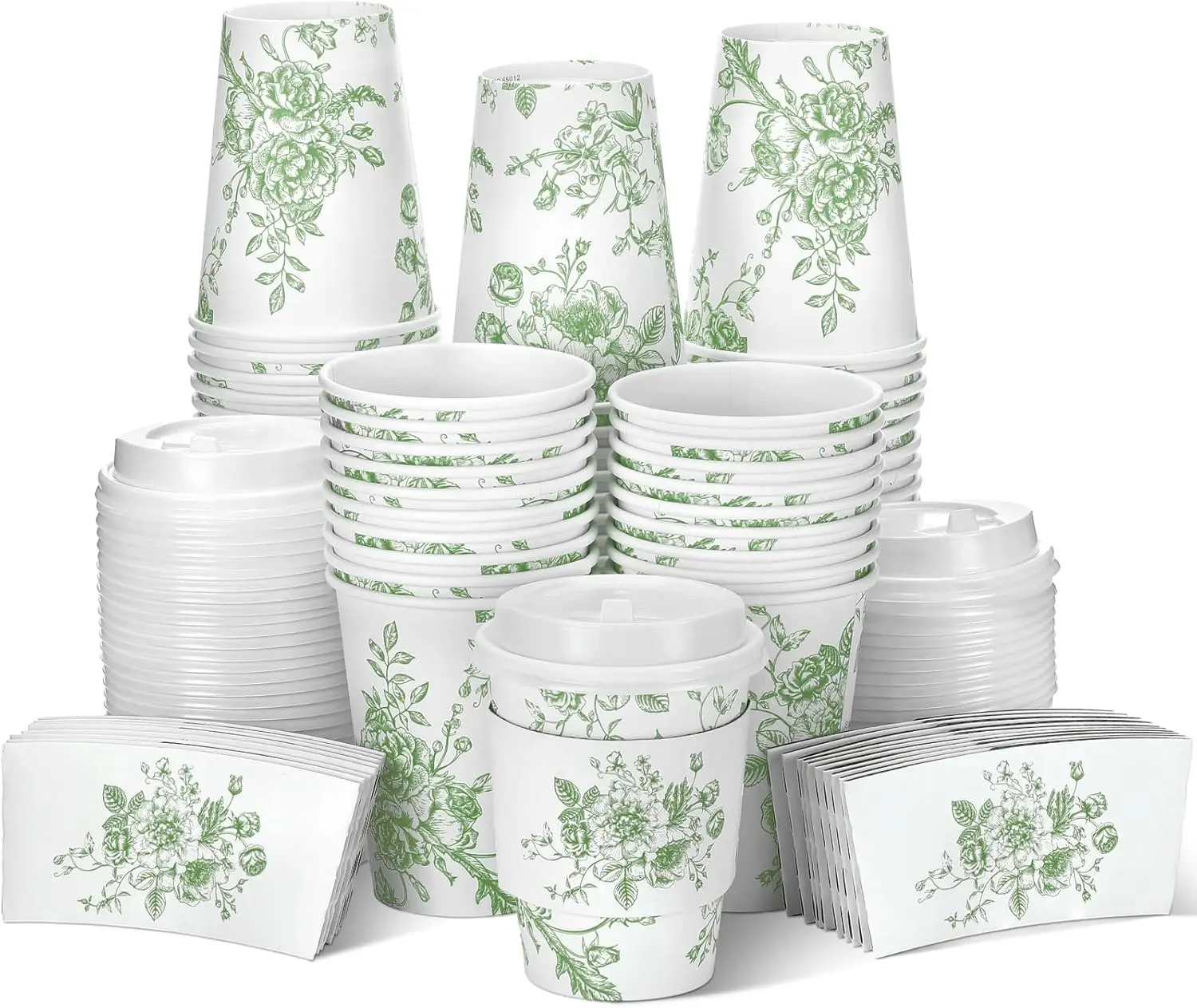 

60pcs 14oz Green Disposable Coffee Cups with Lids and Sleeves Green and White Toile Botanical Floral Coffee Cup Cocoa Pa