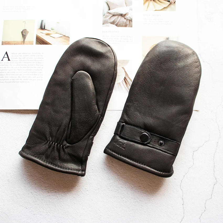 Winter Warm Deer Skin Genuine Leather Mitten for Men Thick Sheepskin Fur Lining Motorcycle Riding Cold Protection Gloves