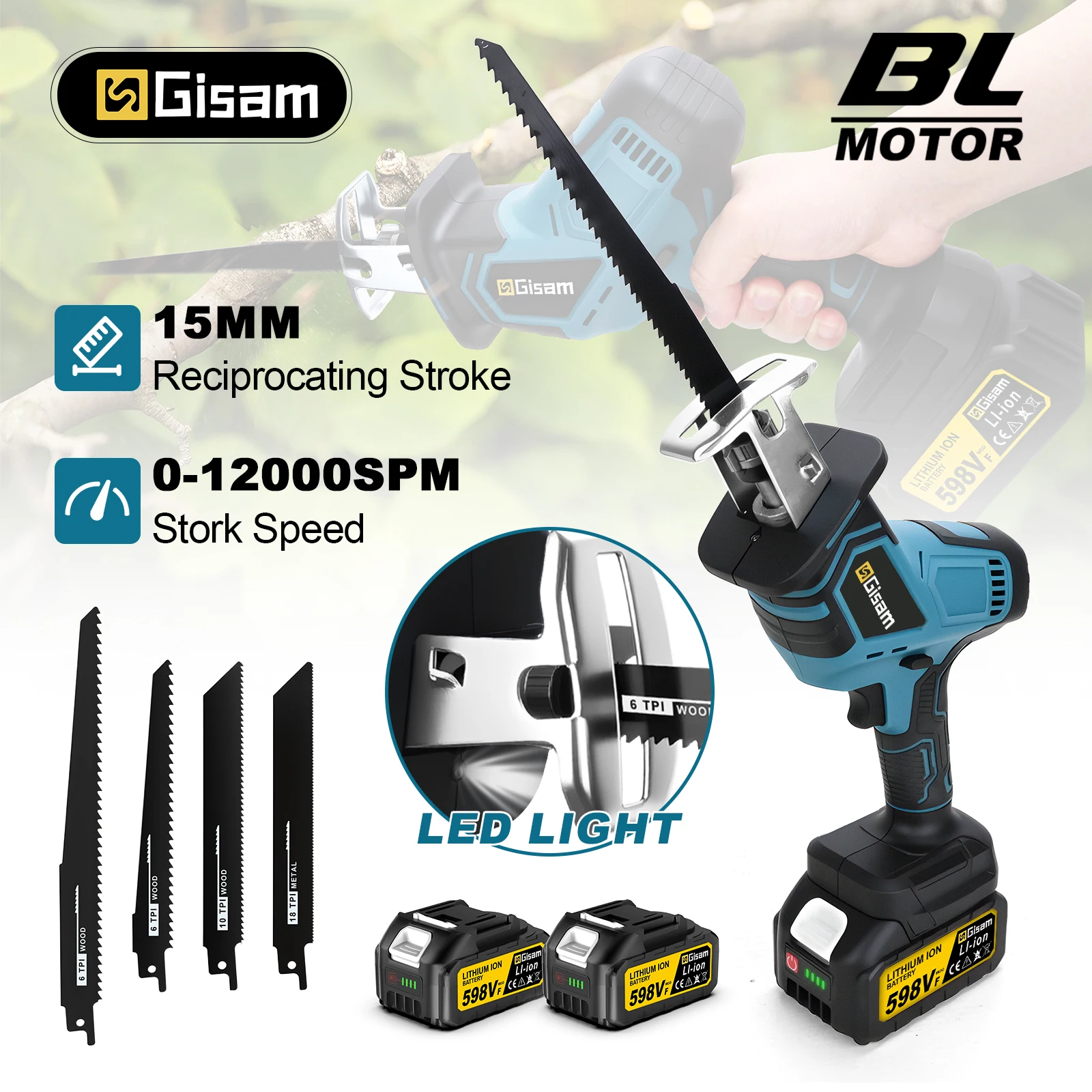Gisam 3600w Brushless Reciprocating Saw Electric Chainsaw Wood Metal PVC Pipe Cutting Power Tool for Makita 18V Battery Pins