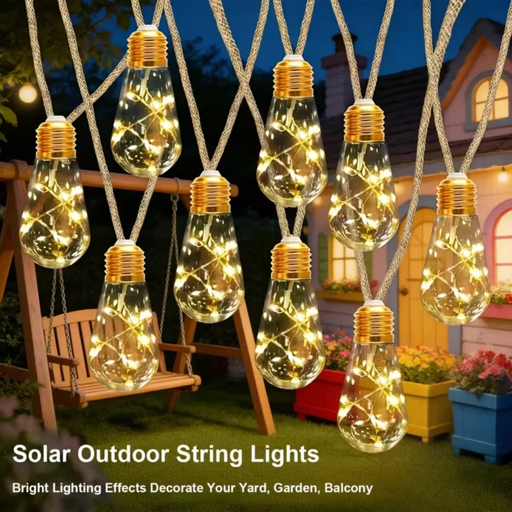 10/20LED Outdoor Solar Light String, Waterproof Bulb Hanging Retro Hemp Rope Light String for Camping Courtyard Fence Garden