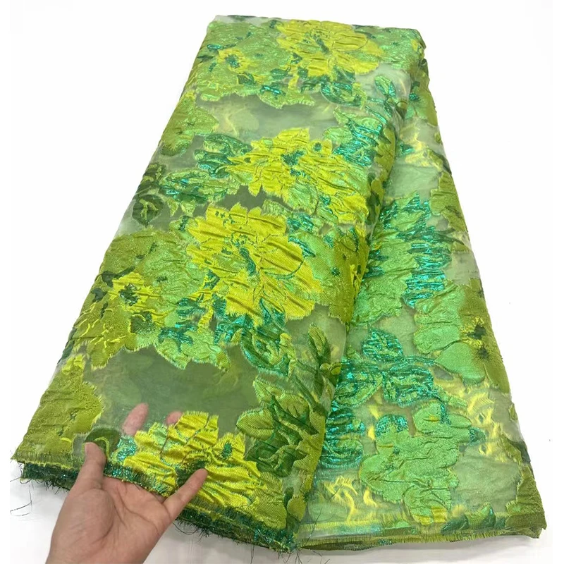 Green African Tulle Lace Fabric Satin 5 Yards 2024 High Quality Nigerian Brocade Jacquard Lace For Sewing Dress Cloth