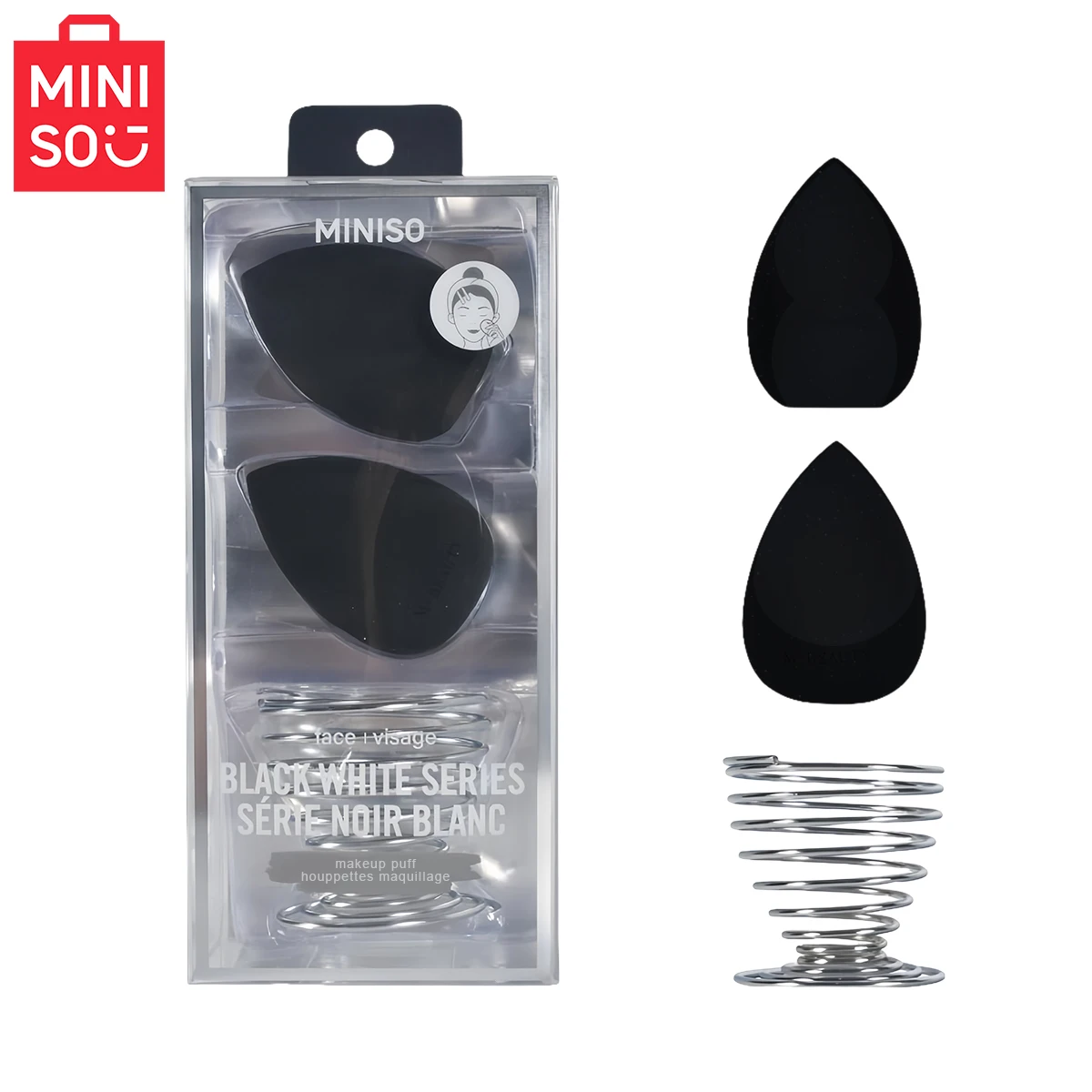 ชุดไข่แต่งหน้า MINISO Classic Black and White Series Multi sided Water Drop Dark Shining Powder - พร้อมกรอบโลหะ