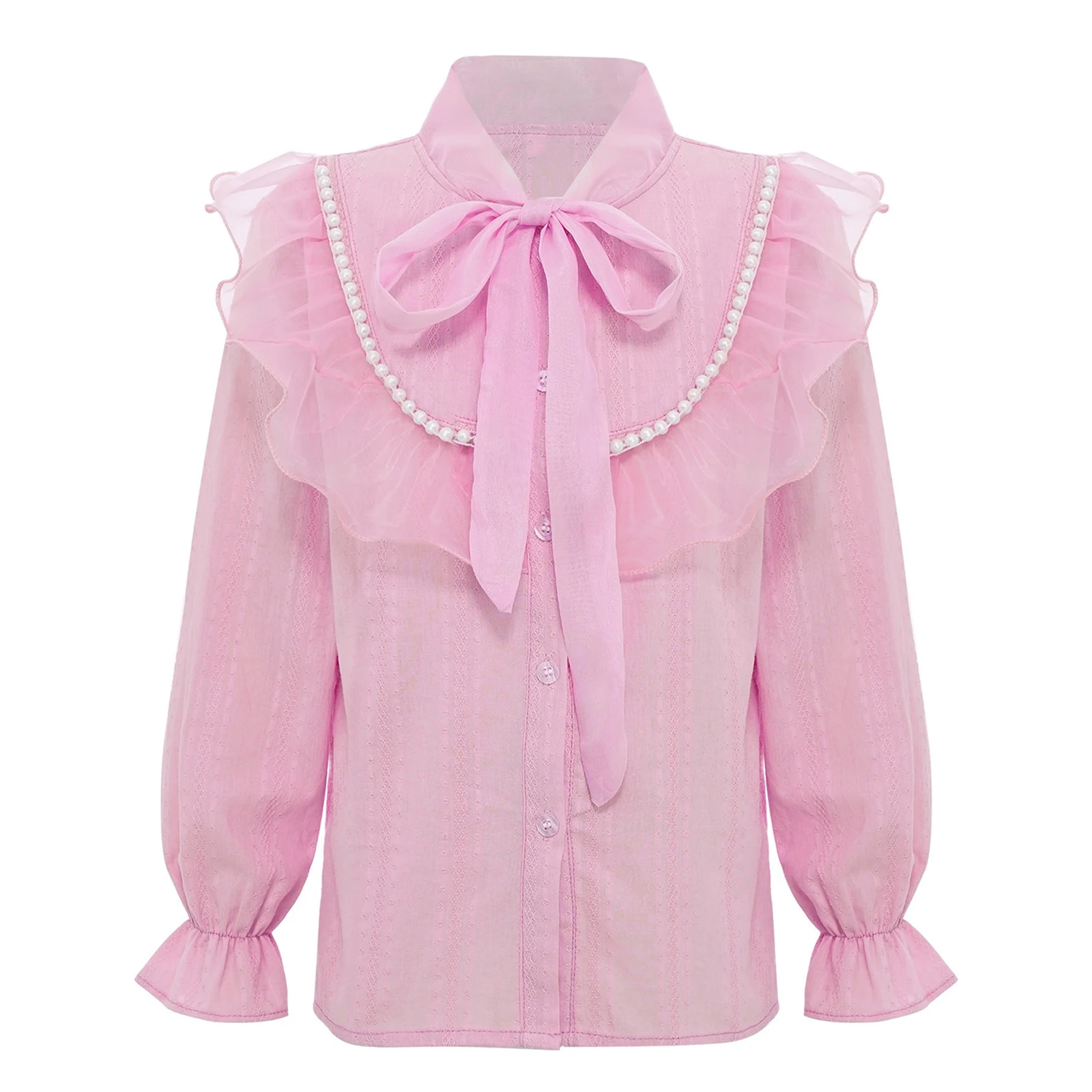 

Kids Girls Shirt Cotton Lace-up Collar Artificial Pearls Tulle Ruffles Long Sleeve Blouse Elegant Birthday Wedding Party Clothes