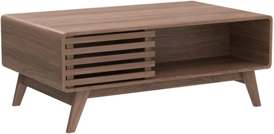 Mid Century Modern Farmhouse Style Coffee Table with Storage, Walnut Wood Living Room Table, Fluted Design