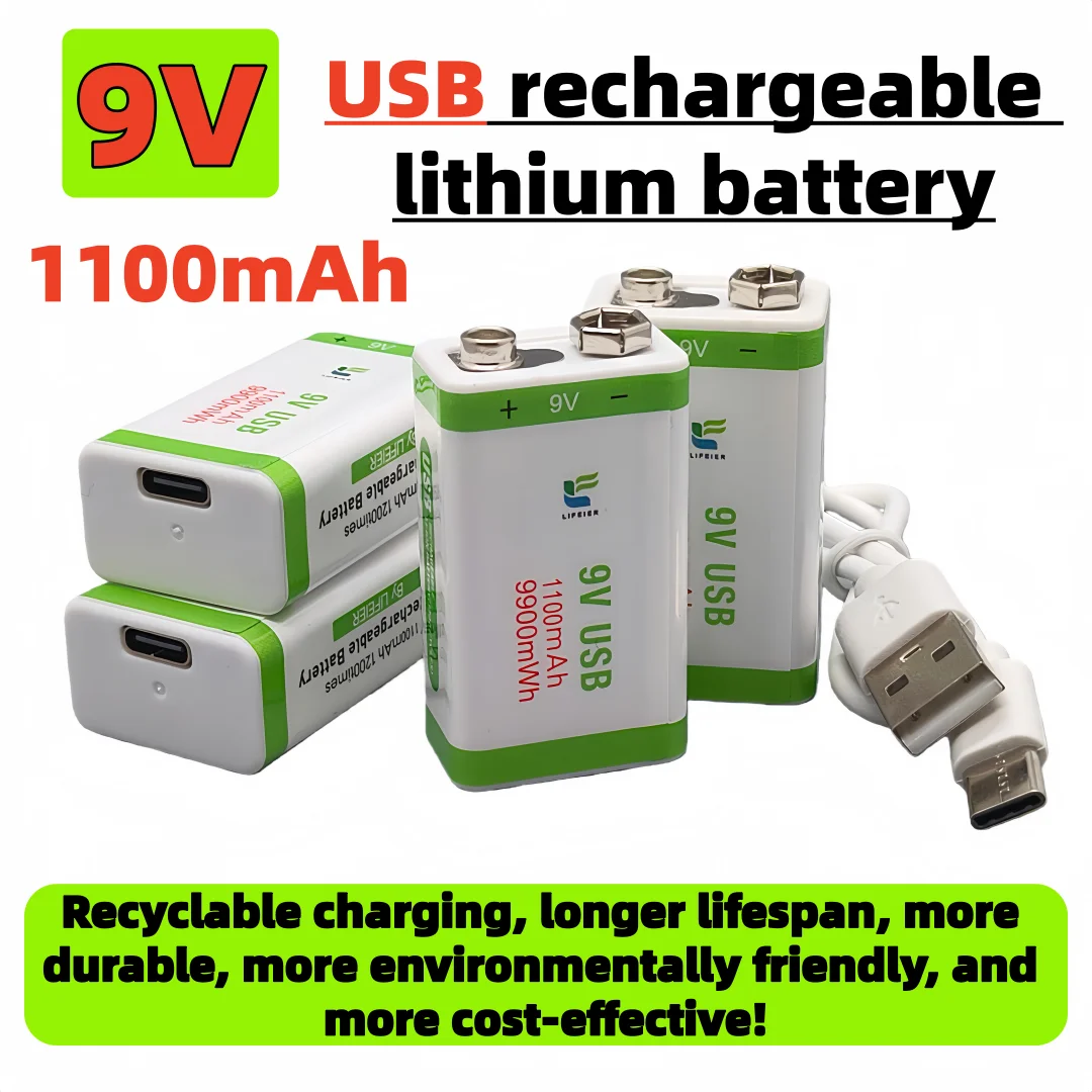 9V-1100mAh USB Rechargeable Lithium Battery for Multimeter, Wireless Microphone, Toy Car, Square Replacement for Lithium Battery