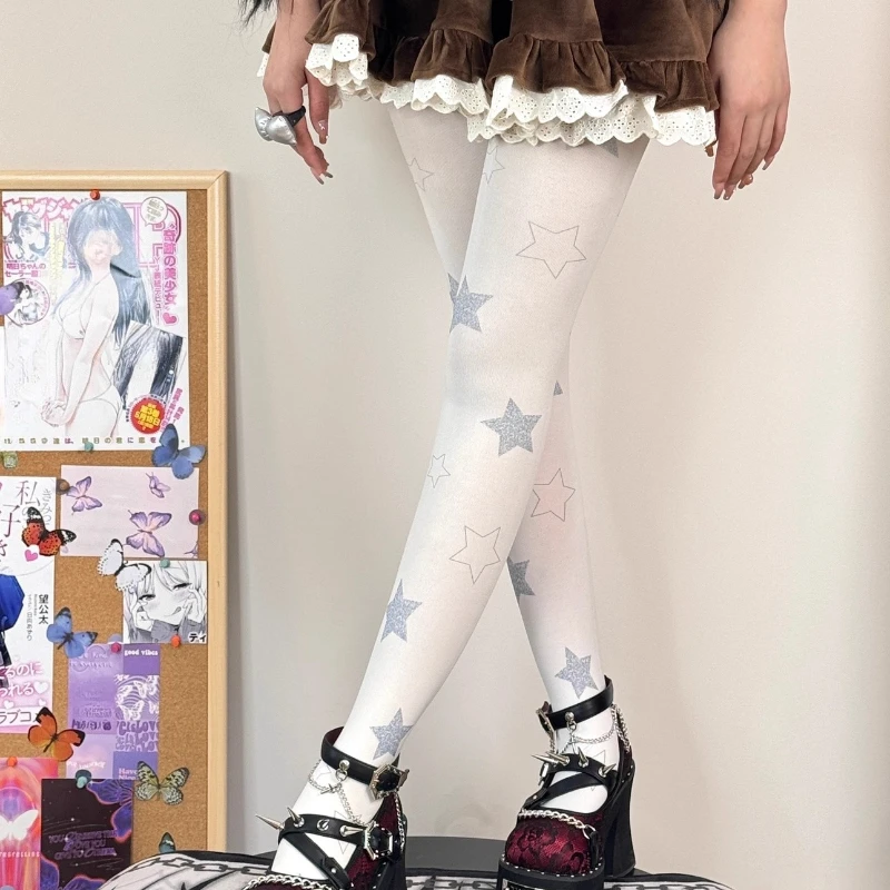 Japanese Design Lolita Girl Sweet Five-Pointed Star Velvet Women's Socks 2025 Spring Autumn New White Bottoming Tights Ladies