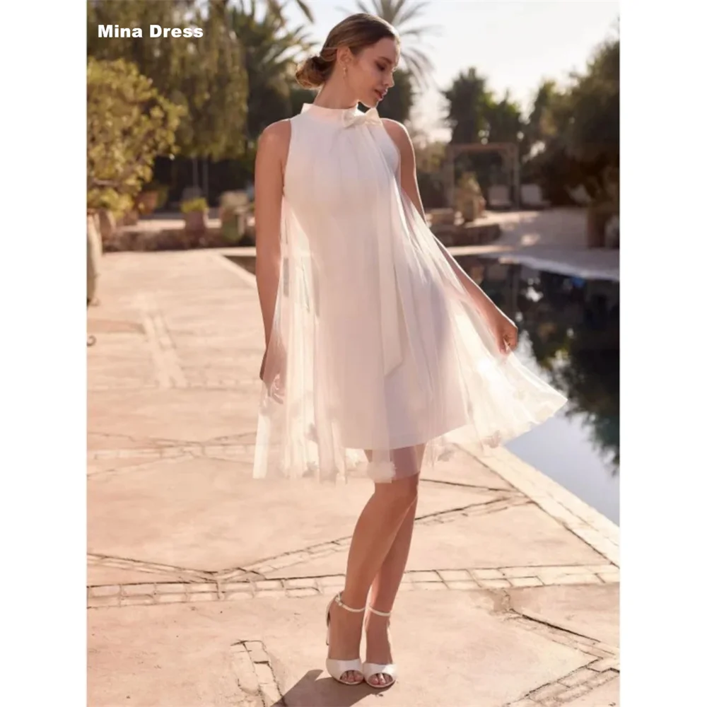 

Mina Customized White High-neck A-line Short Wedding Dress Women's Wedding Party Attire Bow 3D Flower Sleeveless Bride Prom 2026