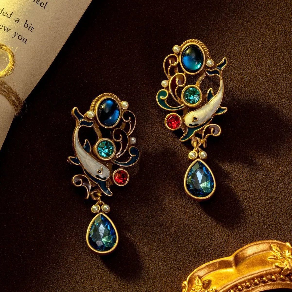Vintage Summer Vacation enamel ethnic dolphin earrings ocean style vintage water drop glass diamond retro earrings 0060