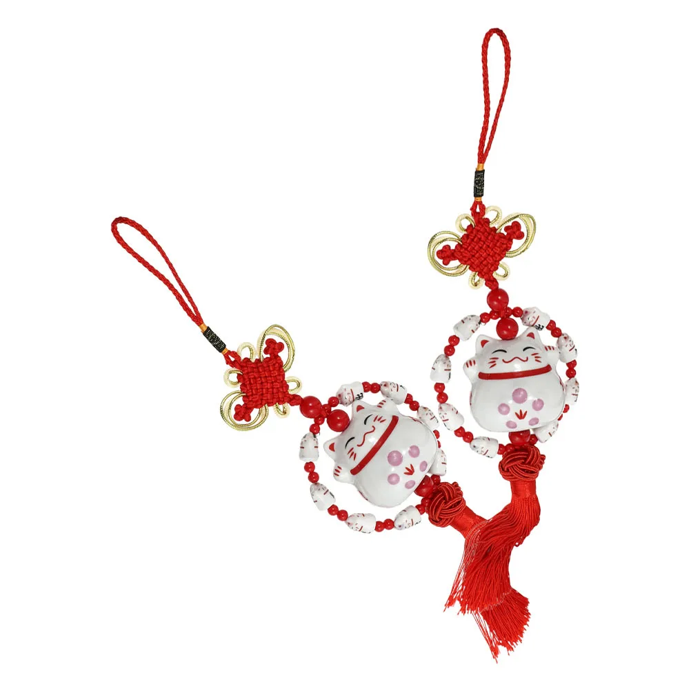 

Cat Car Hanging Ornaments Porcelain Kitten Red Feng Shui Tassel Charm Chinese Knot Pendant Car Mirror Decoration