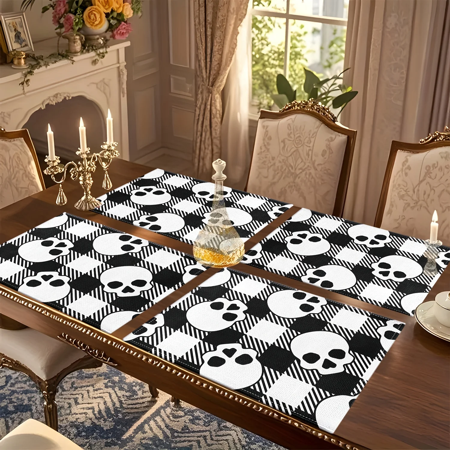 1pc 2D Printed Black and White Checkered Skull Background Themed Square Placemat with Cartoon Print Pattern