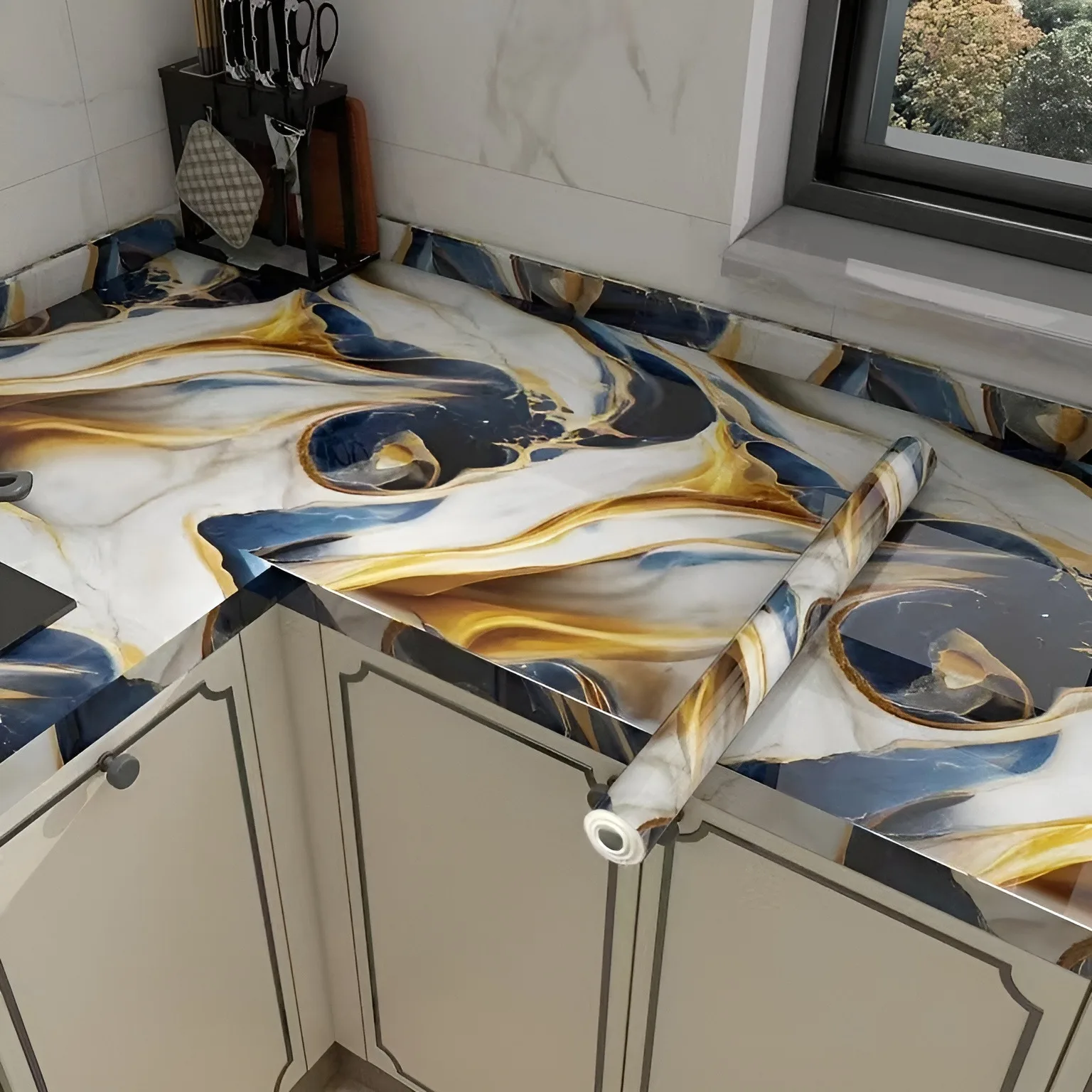 Navy Blue Gold Peel and Stick Wallpaper Marble Removable Contact Paper Self Adhesive Wall Stickers for Countertops Kitchen