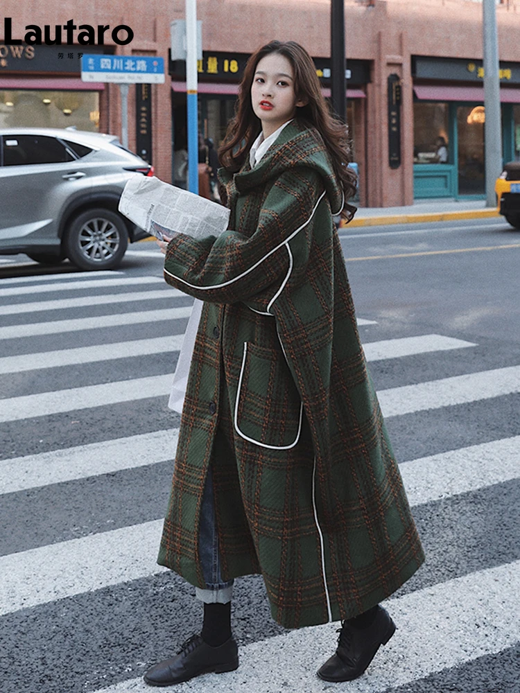 Lautaro Autumn Winter Long Oversized Warm White Patchwork Plaid Wool Blends Trench Coats Women with Hood Runway Korean Fashion