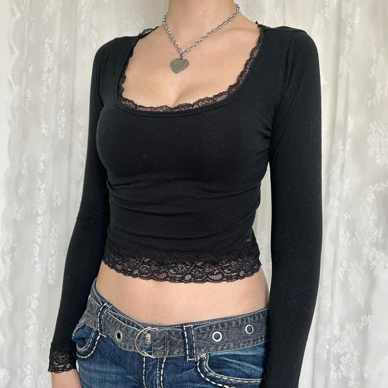 Vintage Lace Stitched Black Crop Top Women Basic Skinny Long Sleeve Solid T Shirt Autumn Winter Casual Tee Shirt y2k