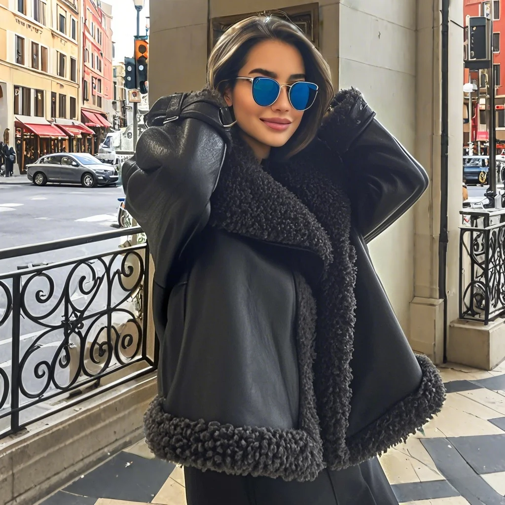 معطف فرو دافئ بحزام طية صدر السترة للنساء ملابس شتوية على الطراز الأوروبي الأمريكي