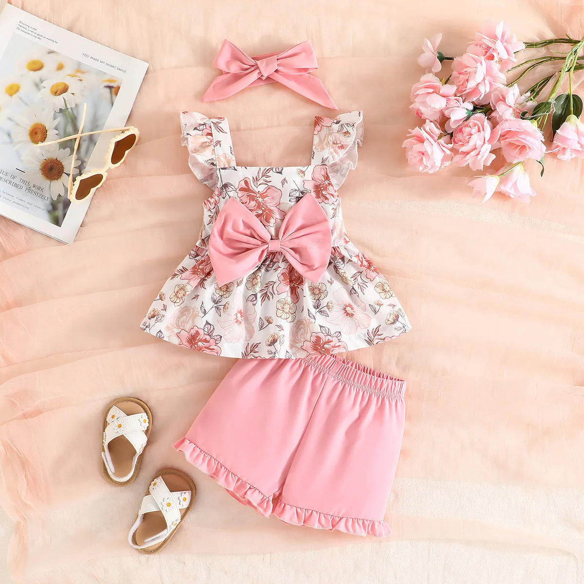 2024 New Baby Clothes Sets Sleeveless Bow Print Floral Tops Pink Shorts 2 Piece Sets Designer Casual Girls Clothes Sets 0-3T