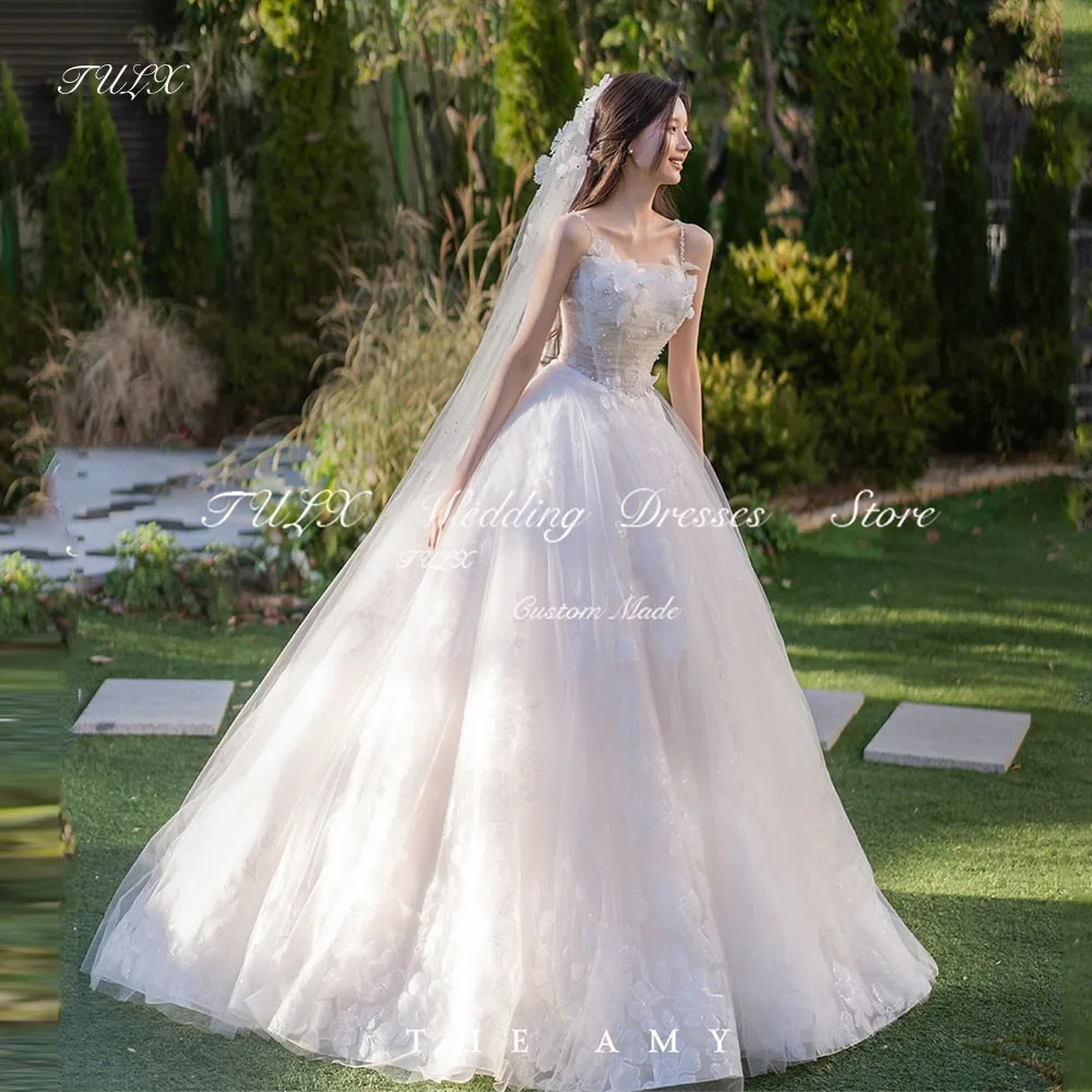 

TULX Luxury Sparkly Lace Flower Wedding Photo Shoot Dress Square Collar Strap Korea Bridal Gowns Floor Length 웨딩드레스 Customized