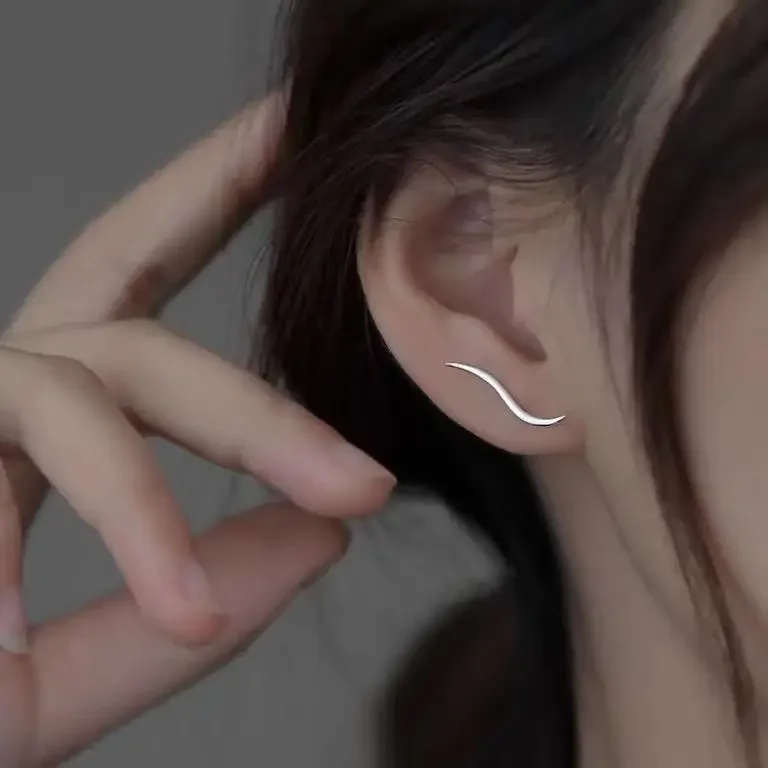 1Pair Real  Sterling Silver Wave Ear Climbers for Women, Simple Crawler Earrings, Hypoallergenic Fine Jewelry for Daily Wear & Drop Shipping