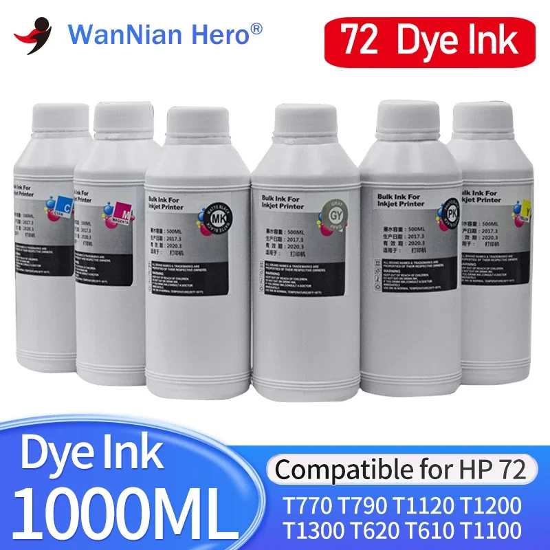 1000ML Dye Ink for HP 72 Ink Cartridge for HP Designjet T770 T790 T1120 T1200 T1300 T620 T610 T1100 T2300 Printer Dye Ink hp72