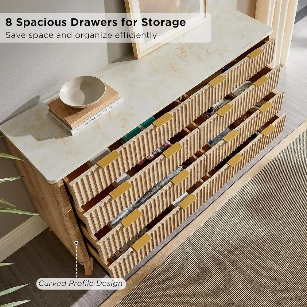 Komoda DAFIFY z 8 szufladami, szeroka o 54 calach, nowoczesna komoda z blatem imitującym marmur, zakrzywiony kształt, drewniany organizer do sypialni, salonu, przedpokoju