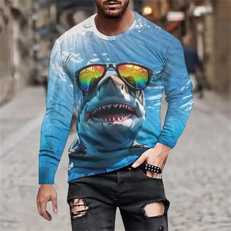 

Street Hip Hop Shark Pattern Men's T-Shirts Spring Autumn Long Sleeve 3D Printed Beach Casual Tops 6XL Plus Size Animal T Shirt