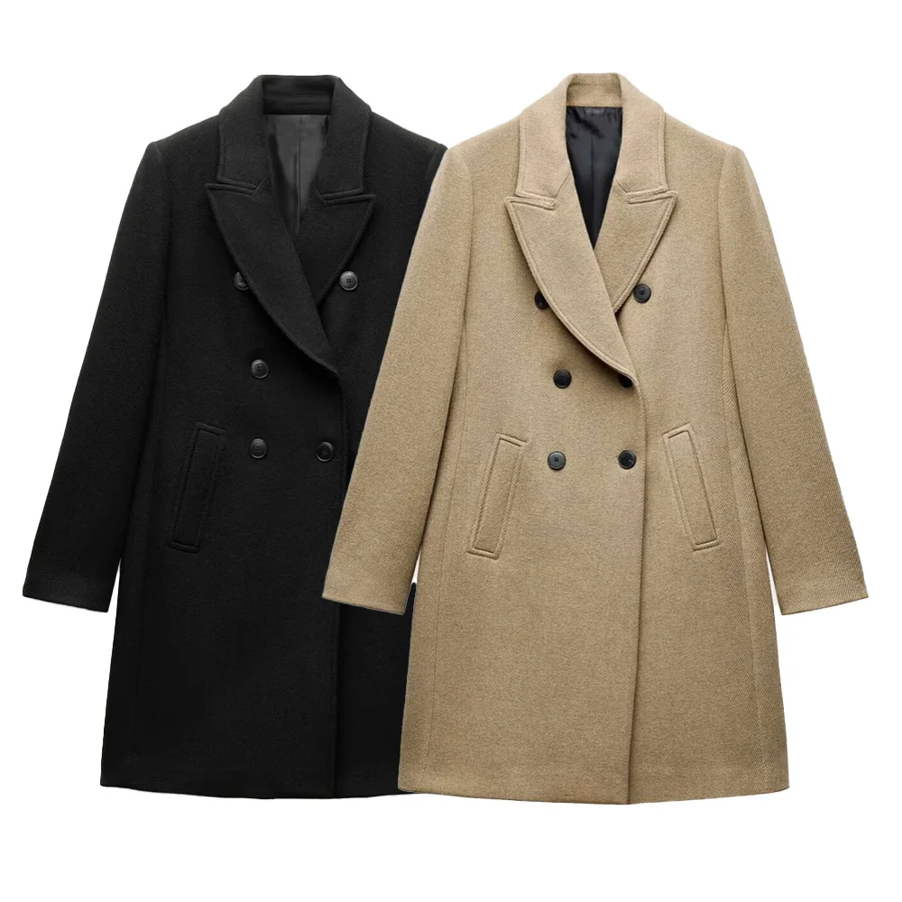 Women's high-end lapel long sleeved coat with double row button decoration for autumn and winter new fashionable woolen coat