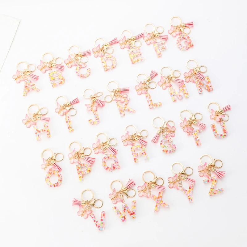 Epoxy Resin A-Z Dreamy Sequin Letters Keychain For Women Tassel Butterfly Pendant Initial Keyring Bag Charms Car Key Chain