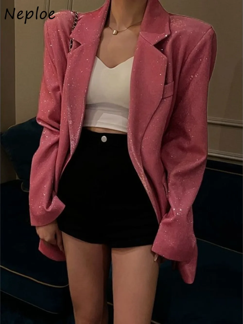 

Neploe Свободное персонализированное пальто в стиле хип-хоп с блестками Винтажная тонкая куртка средней длины Уличная одежда Moda Y2K Универсальная верхняя одежда