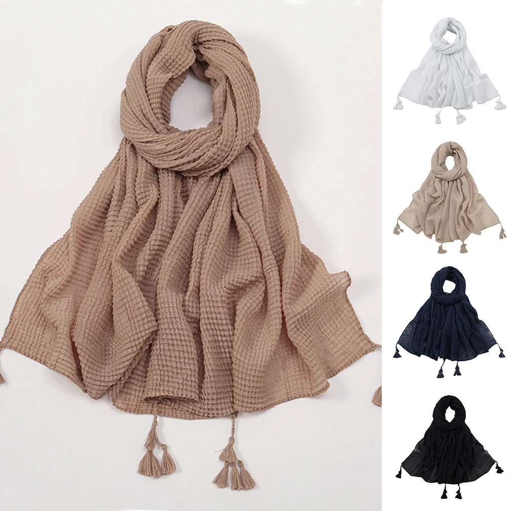 

180*70cm Elegant Corn Wrinkled Hijab Solid Color Tassel Shawl For Woman Fashion Long Scarf Ladies Breathable Headscarf