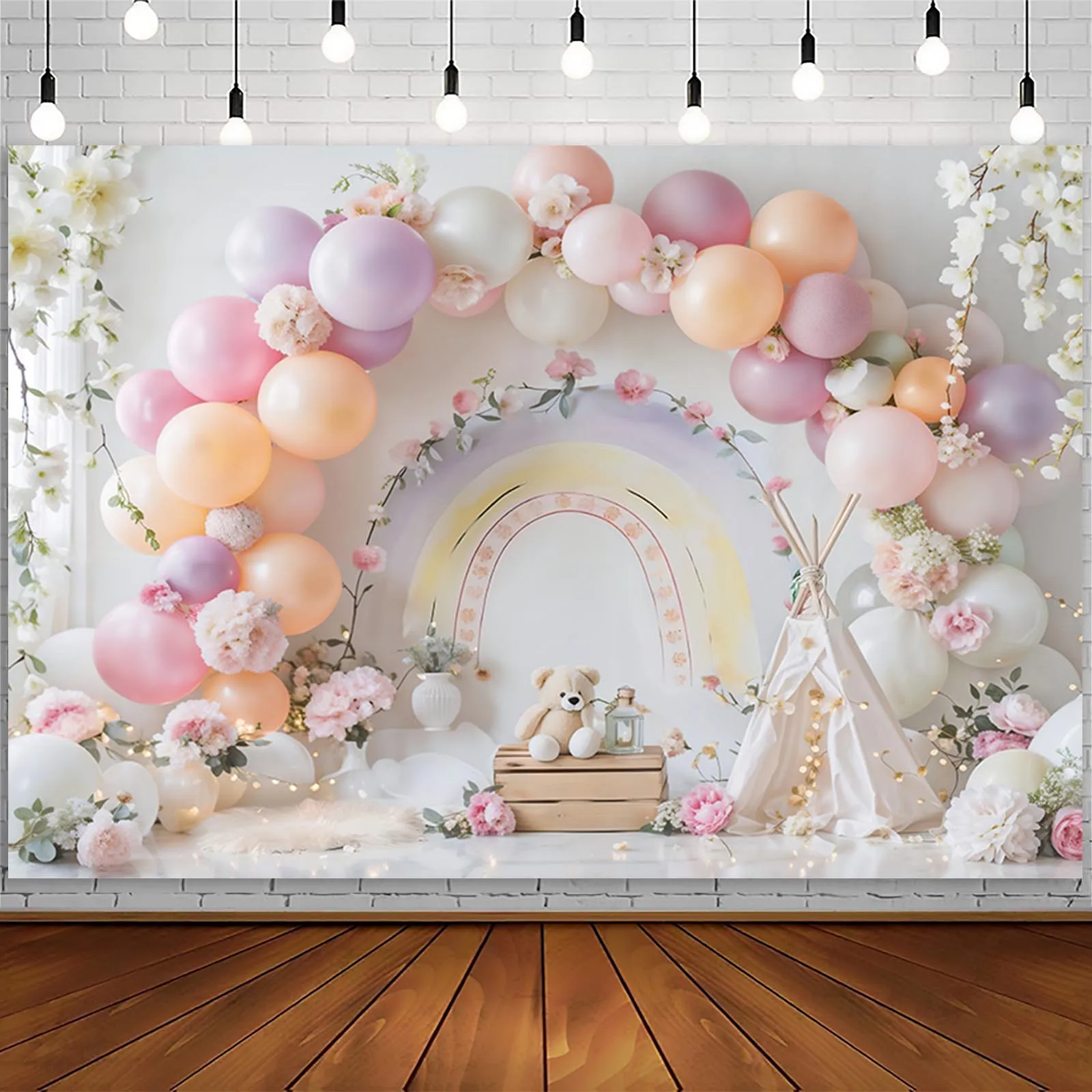 AIBIIN Cake Smash Photography Background Bear Flowers Rainbow Arch Wall Portrait Backdrop Kids Birthday Baby Shower Party Decor