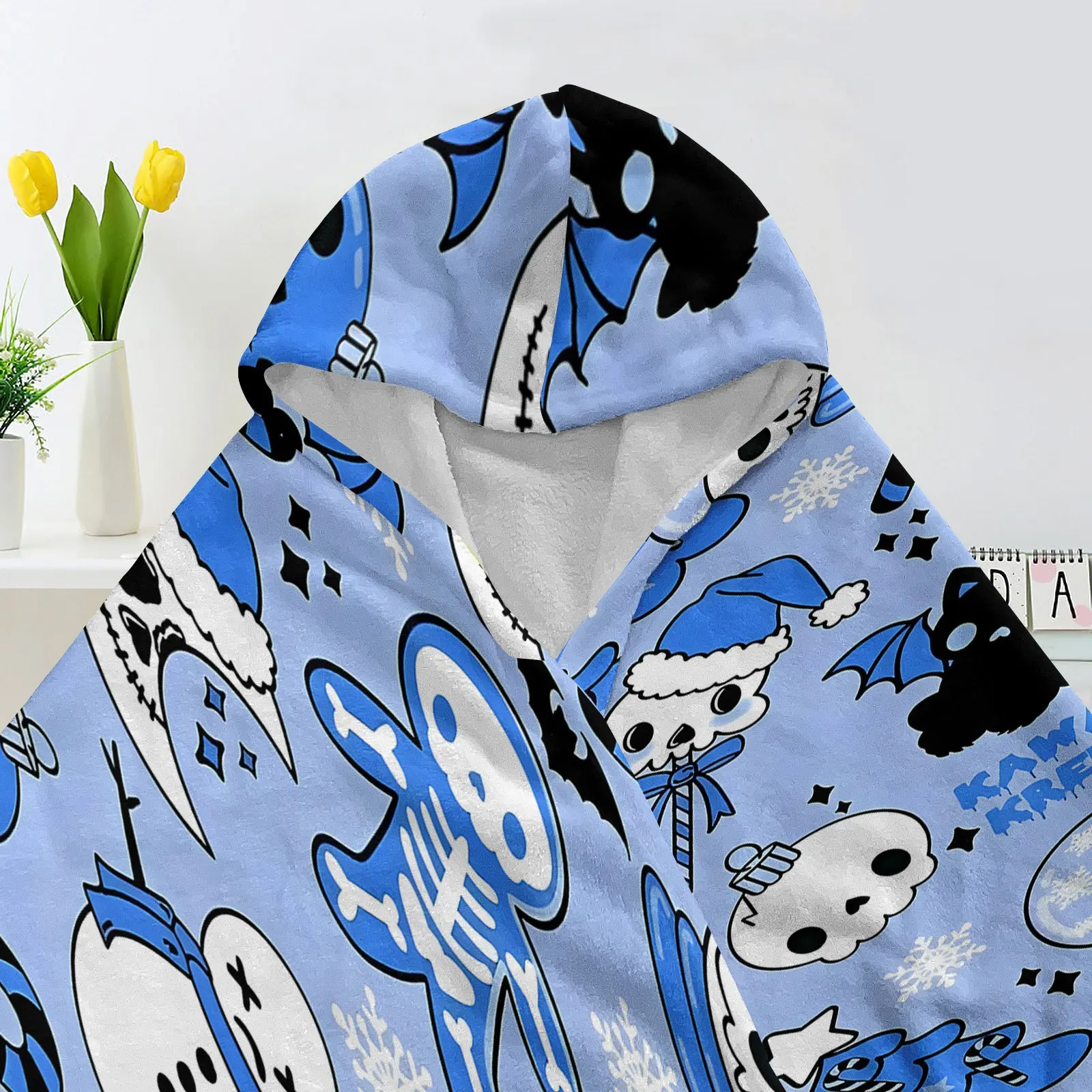 1pc Christmas Skeleton Blues Pattern Hooded Blanket - Soft And Comfortable Fleece Blanket, Warm Throw, Suitable for Sofa Cover