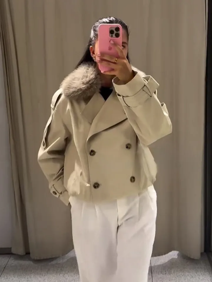 Beige Women's Streetwear Double-Breasted Coat