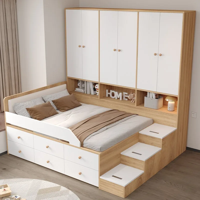 All solid wood bed and lower cabinet, with high box storage stairs wardrobe bed integrated, combined multi-functional