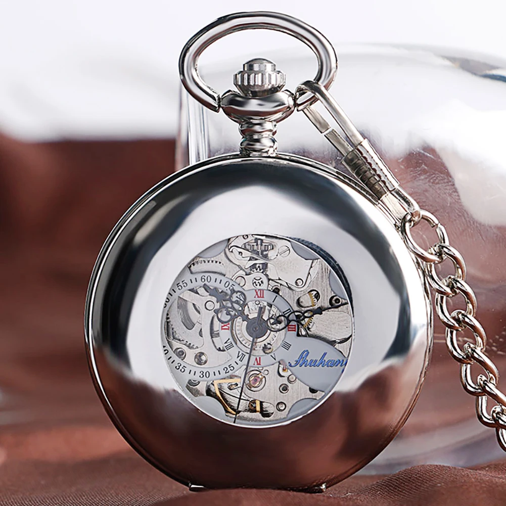 Smooth Silver Automatic Mechanical Pocket Watch Self-Wind Openwork Circle Pendant Thick Chain Waistband Clock Gifts Relogio