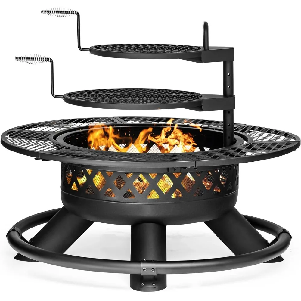 

Large 47 Inch Outdoor Wood-Fired Fire Pit with Dual Grills, Metal Lid, and Fire Poker for Heavy-Duty BBQ and Fire Use