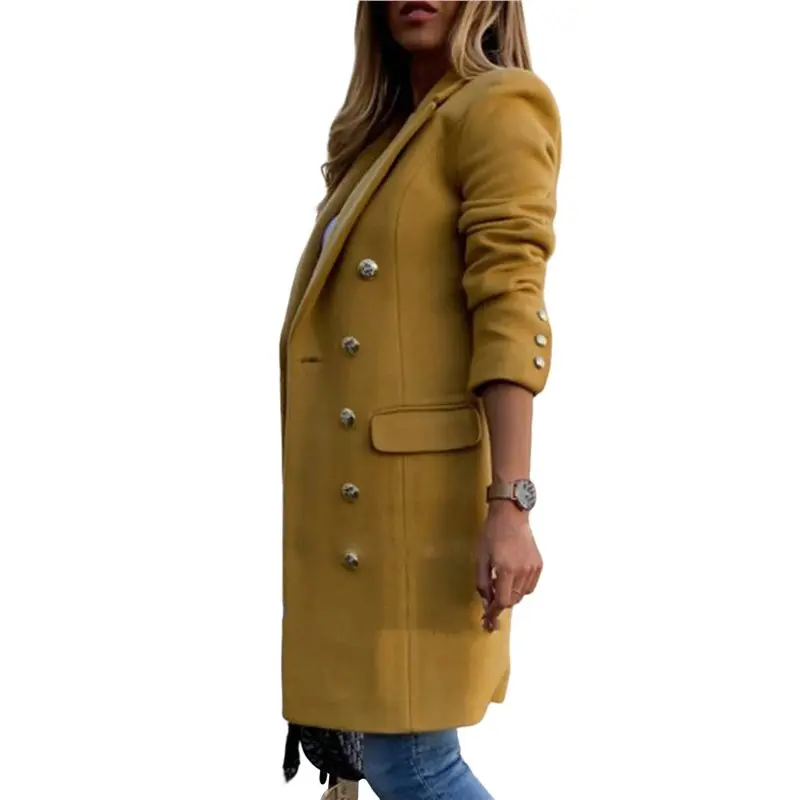 

AUAU-Women Fall Winter Wool Coats Double Breasted Midi Peacoat Trench Coats
