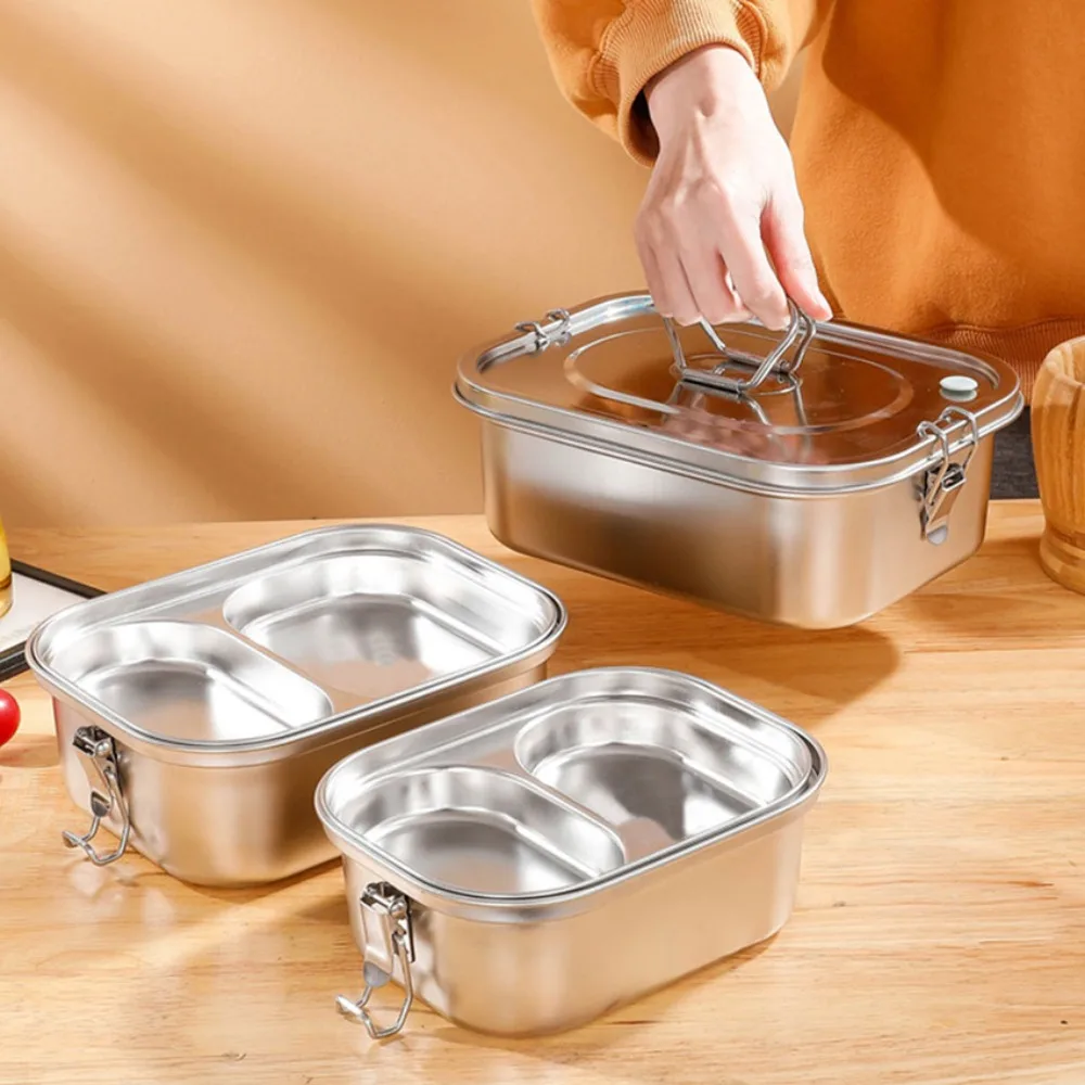 304 Stainless Steel Camping Lunch Box Double-layer Compartmental Picnic Box Rectangular Spill-proof Food Storage Box Worker