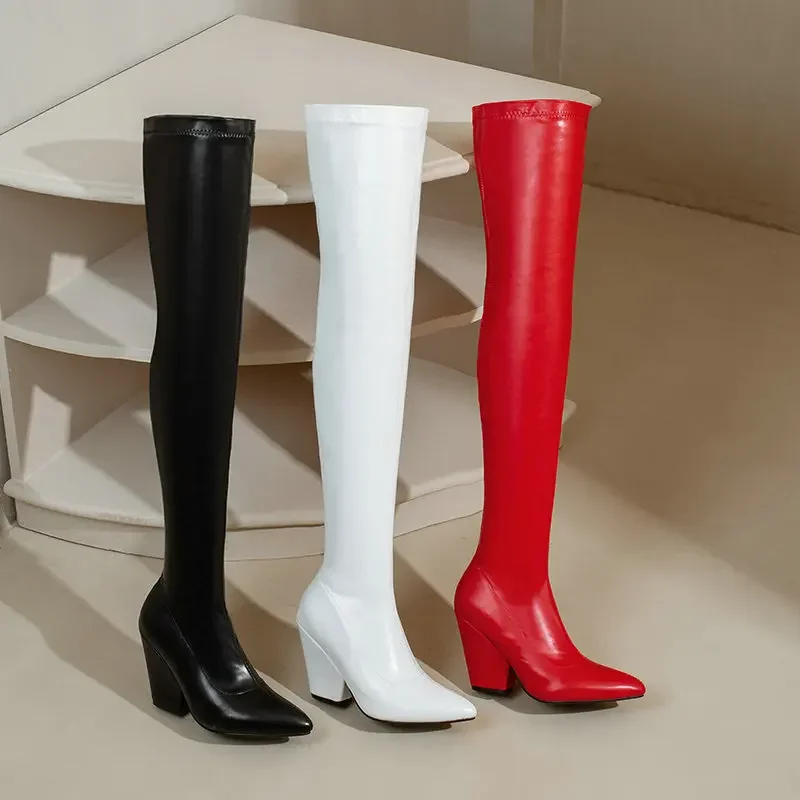 Maat 34-48 Olijfgroen Puntschoen Imitatiesuède Stretch Overknees Dames Winter Over-de-knie Dij Lange Laarzen Dikke hakken