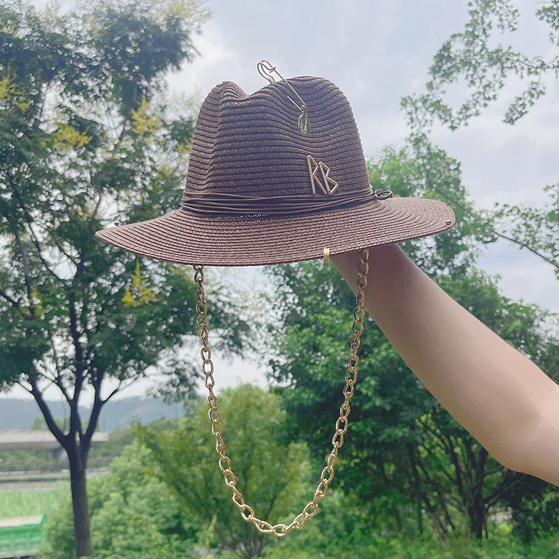 Women's Chain Accent Fedora Straw Hat - Packable UPF 50+ Beach Sun Hat, Boho Vacation Foldable Summer Fashion