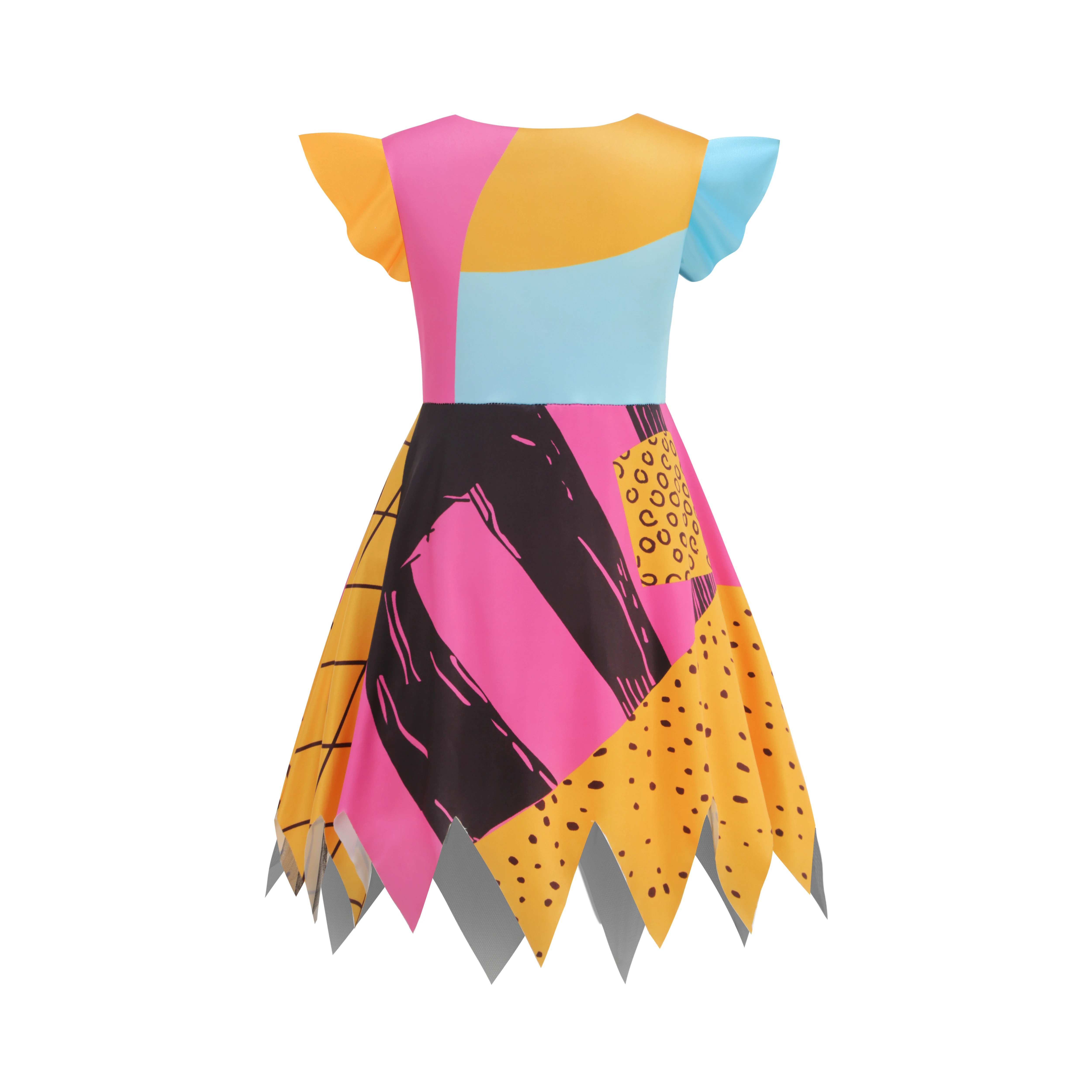 Kinder-Halloween-Patchwork-Kostümset, bunt bedrucktes Kleid mit unregelmäßigem Saum, Perücke, Socken, Tasche für Themenpartys – Detail 3