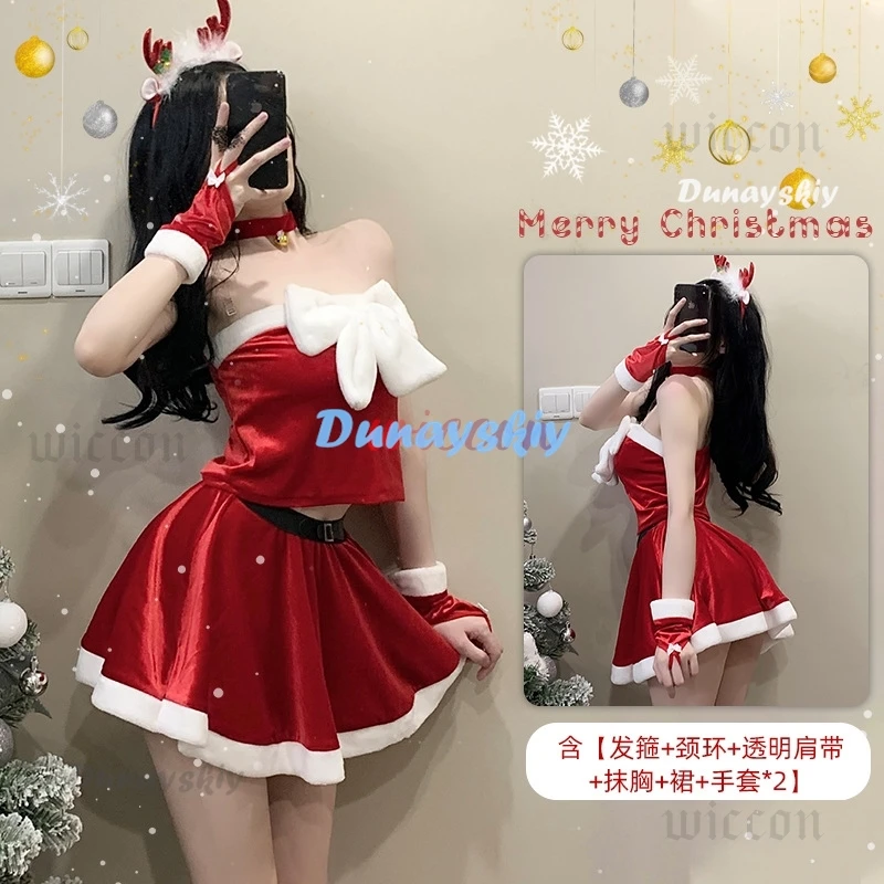 Natal feminino vestido papai noel traje floco de neve headwear luvas sexy vestido uniforme quente roupas de pelúcia trajes cosplay