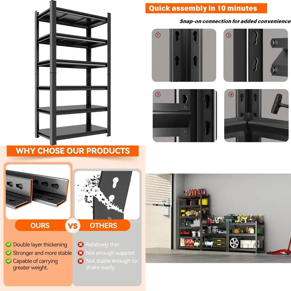 Scaffale per garage in acciaio regolabile a 6 livelli per carichi pesanti per soluzioni di stoccaggio ad alta capacità di carico in garage, magazzini e case